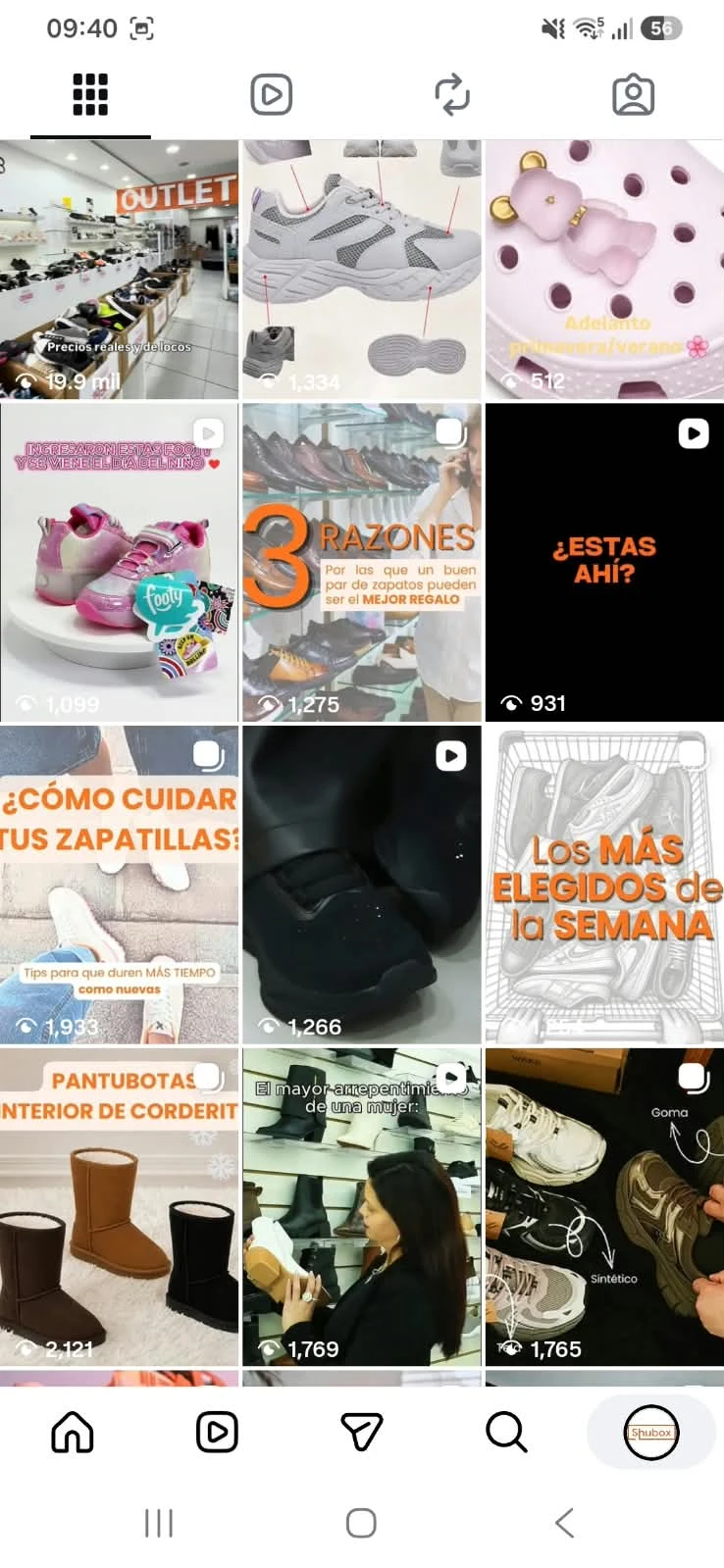 Selección de publicaciones de Shubox: productos, reels y consejos de cuidado del calzado